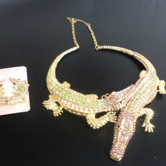 Vintage 1 of A Kind CROCODILE NECKLACE & EARRINGS Rhinestones Statement Jewelry - Picture 8 of 14